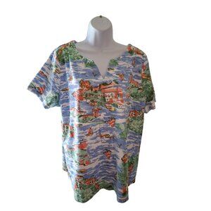 Kim Rogers Womens Top 1X Blue Green Tropical Short Sleeve Beach Coconut Girl